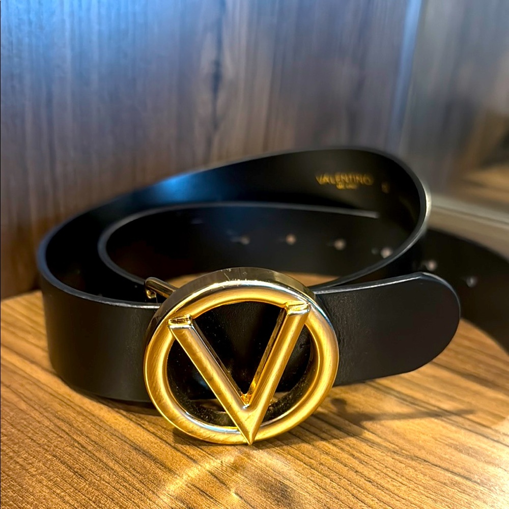 Valentino Black Leather Belt with Gold V Buckle